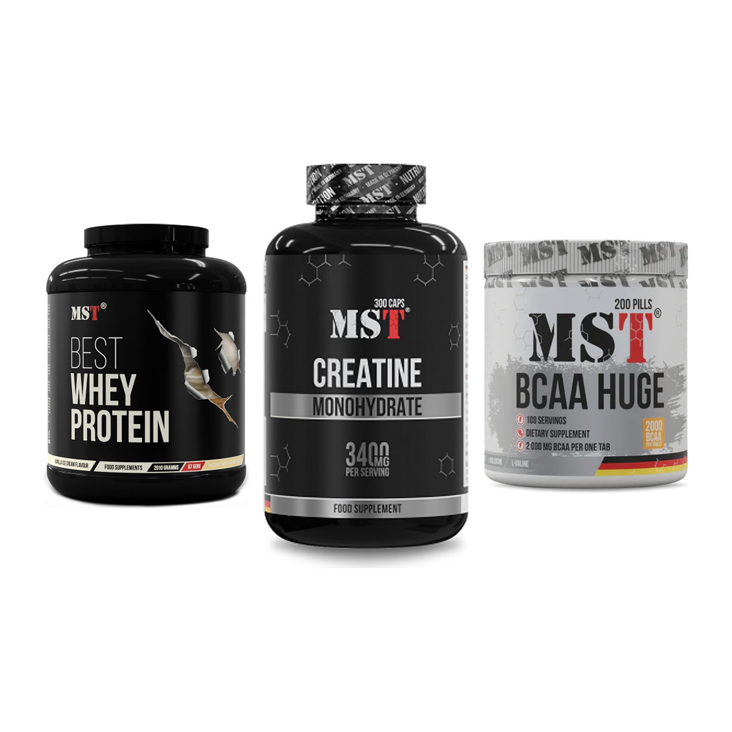 MST Marken-Trio: Best Whey + Creatine + BCAA Huge 200 – alle enthaltenen Artikel