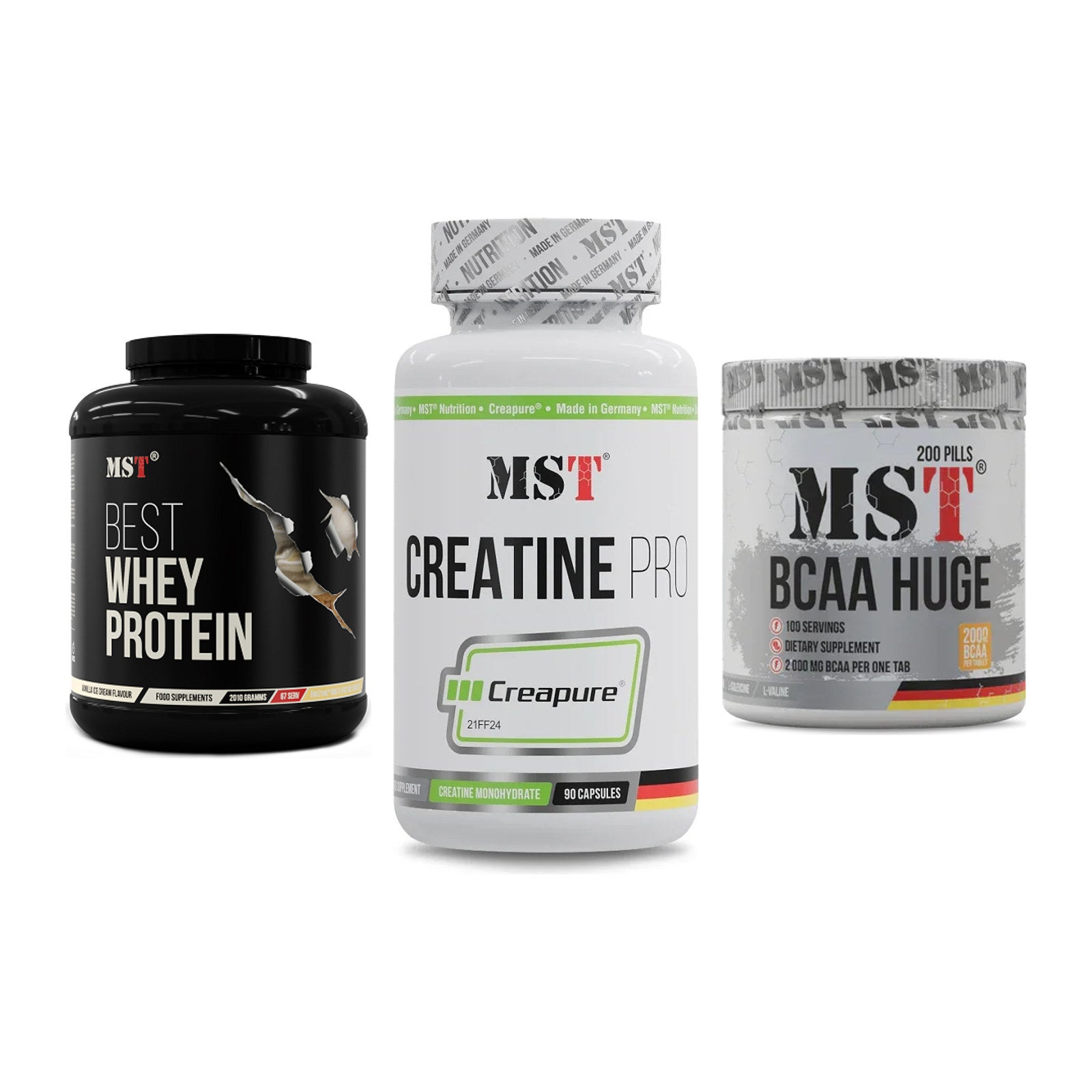 MST Marken-Trio: Best Whey + Creatine Pro + BCAA Huge 200 – alle enthaltenen Artikel