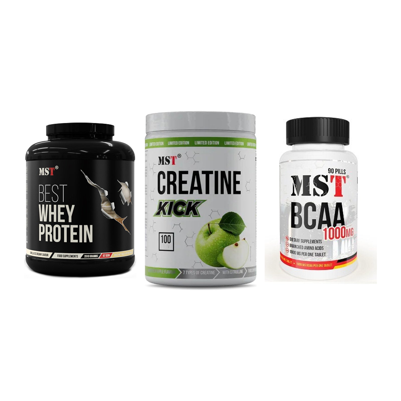 MST Marken-Trio: Best Whey + Creatine Kick + BCAA 1000 (90 – alle enthaltenen Artikel