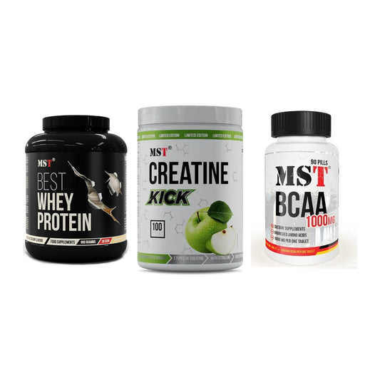 MST Marken-Trio: Best Whey + Creatine Kick + BCAA 1000 (90 – alle enthaltenen Artikel
