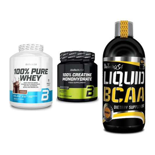 BioTech USA Marken-Trio: 100% Pure + Creatine + Liquid BCAA – alle enthaltenen Artikel