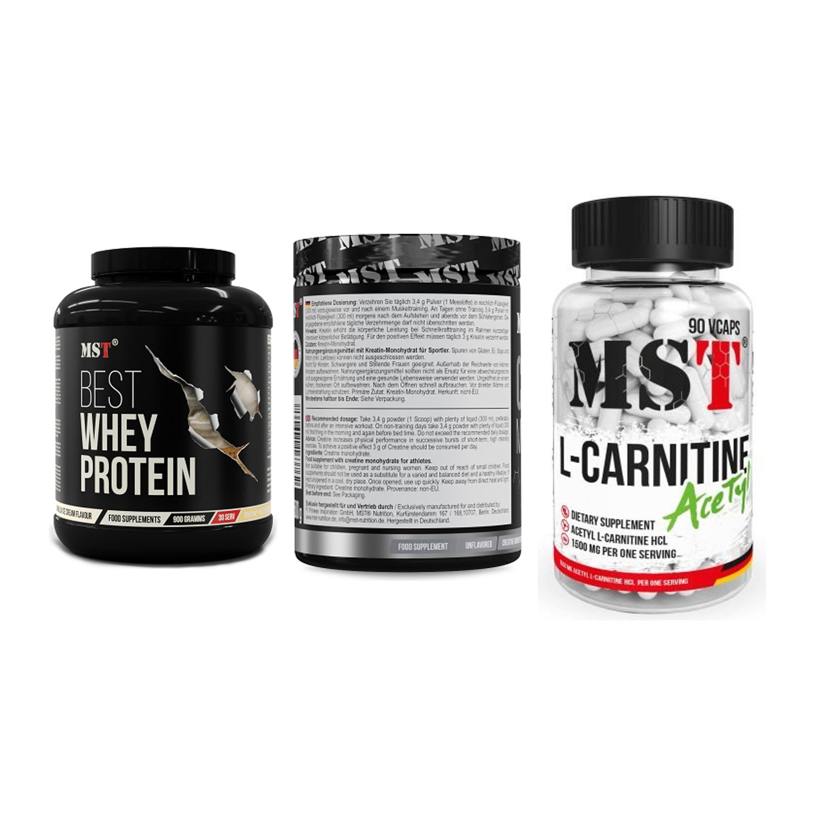 MST Marken-Trio: Best Whey + Creatin Monohyd + L-Carnitine – alle enthaltenen Artikel
