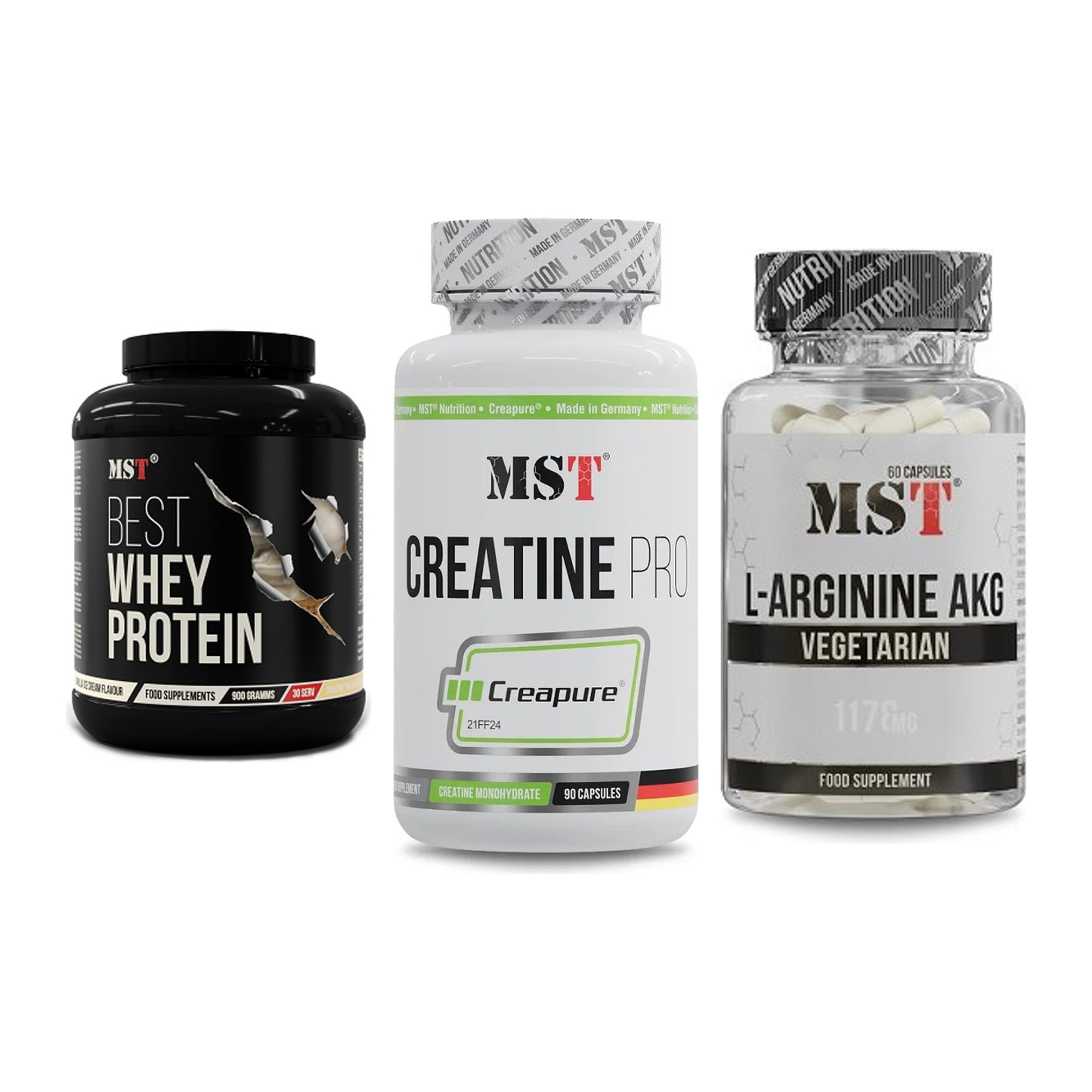 MST Marken-Trio: Best Whey + Creatine Pro + Arginin AAKG – alle enthaltenen Artikel