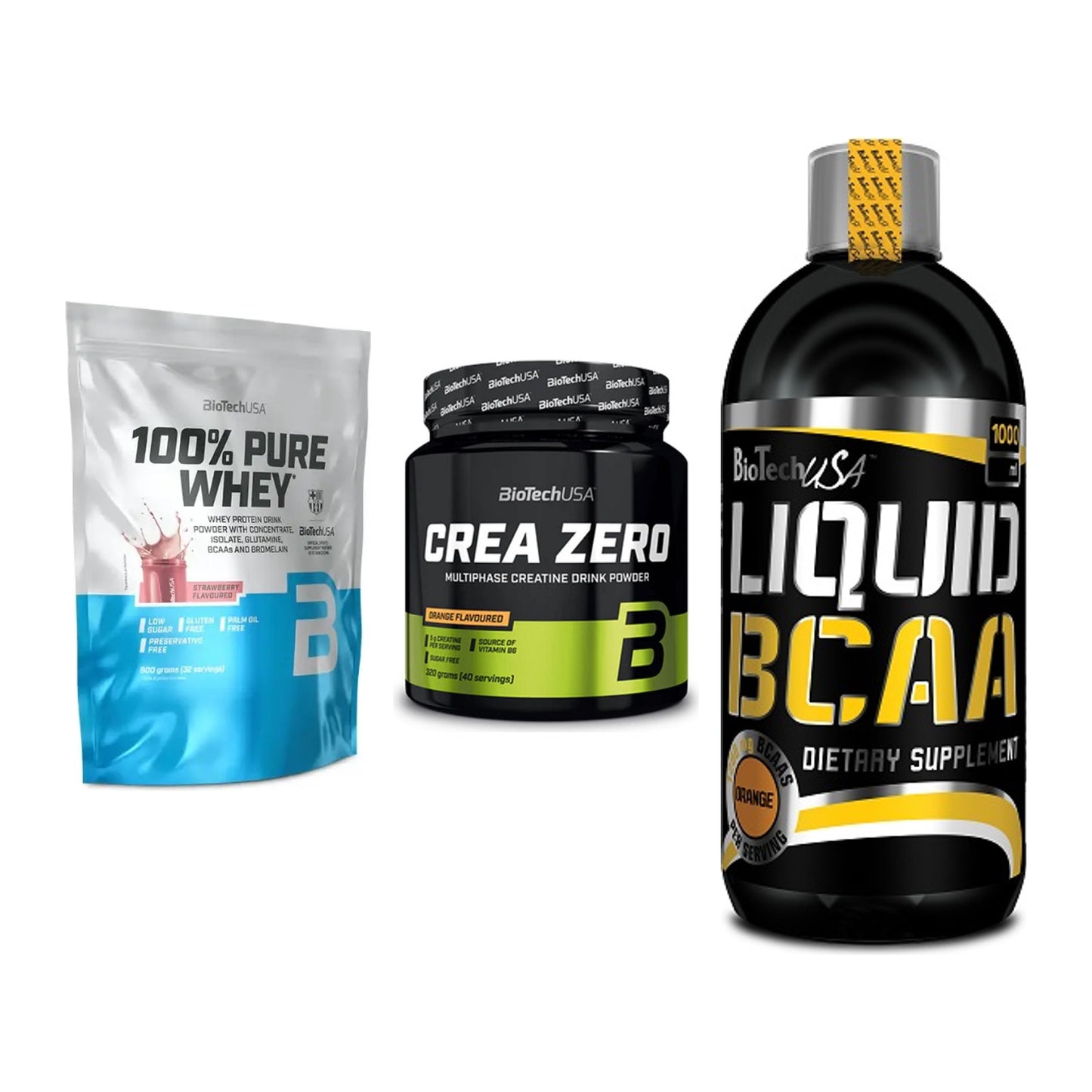 BioTech USA Marken-Trio: 100% Pure Whey + Crea Zero + Liquid BCAA – alle enthaltenen Artikel