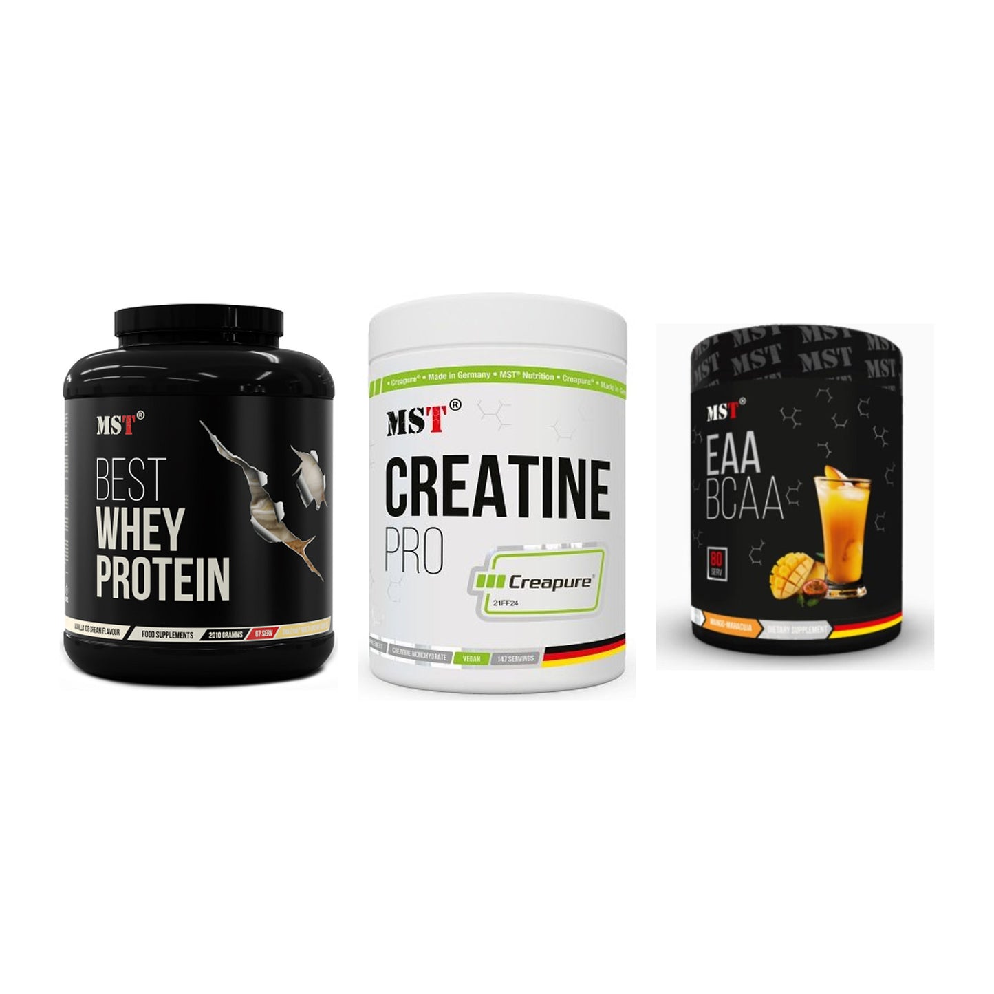 MST Marken-Trio: Best Whey + Creatin Pro + EAA & BCAA – alle enthaltenen Artikel