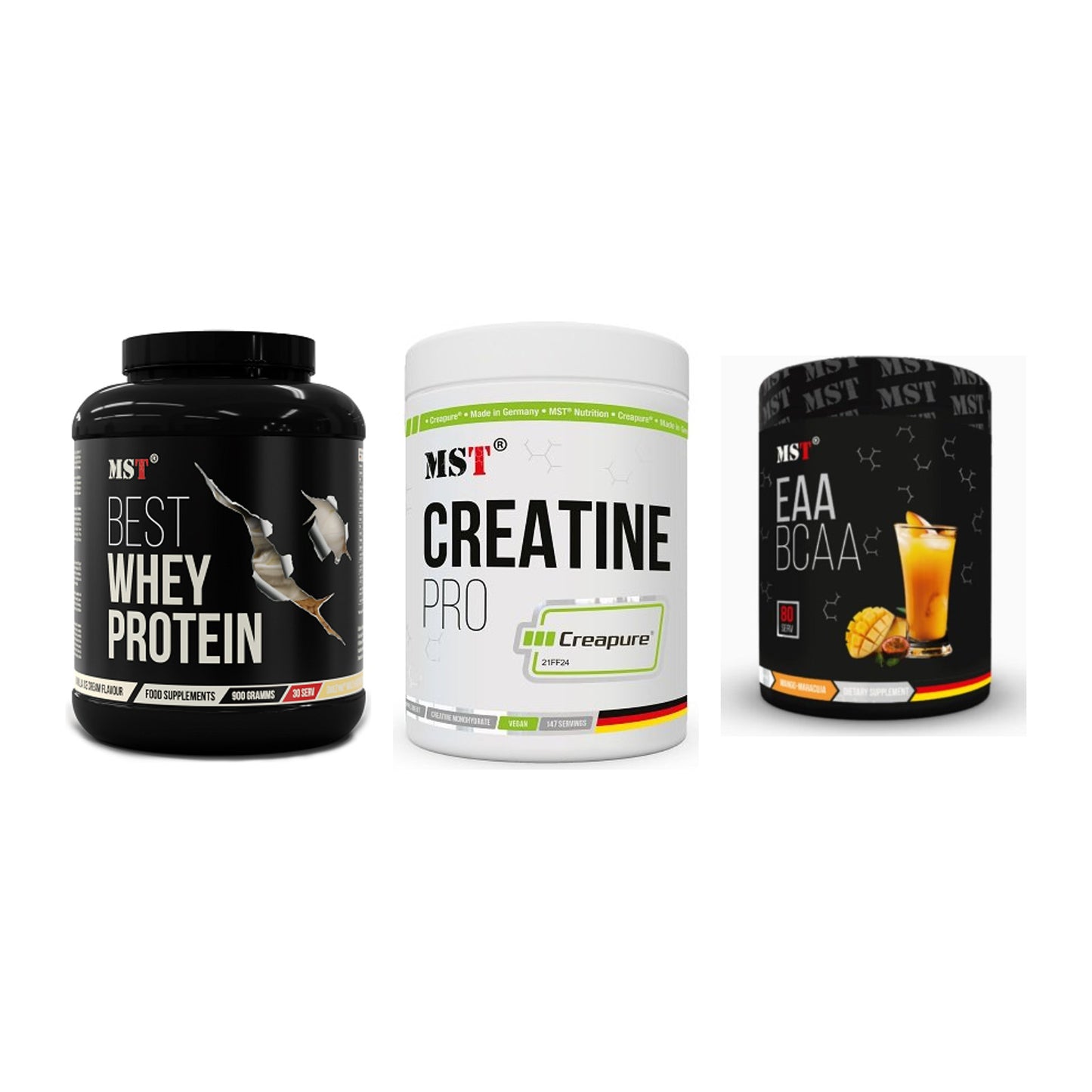MST Marken-Trio: Best Whey Protein + Creatin Pro CREAPURE + EAA & BCAA – alle enthaltenen Artikel