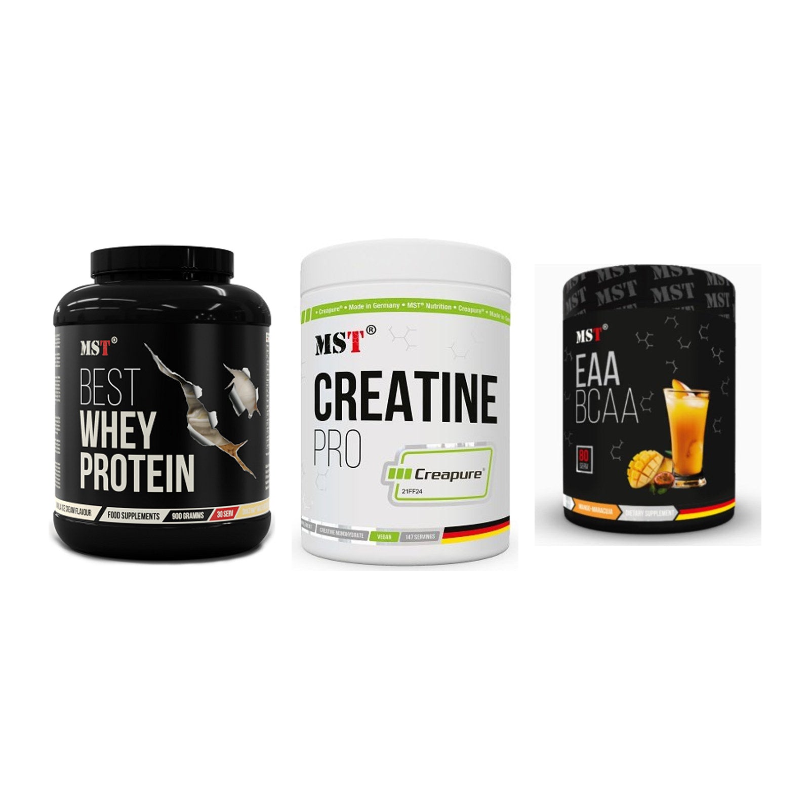 MST Marken-Trio: Best Whey Protein + Creatin Pro CREAPURE + EAA & BCAA – alle enthaltenen Artikel