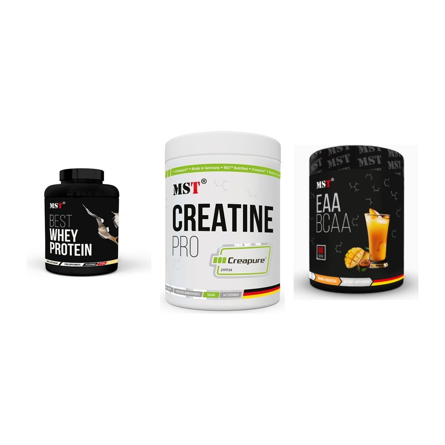 MST Marken-Trio: Best Whey Protein + Creatin Pro CREAPURE + EAA & BCAA – alle enthaltenen Artikel