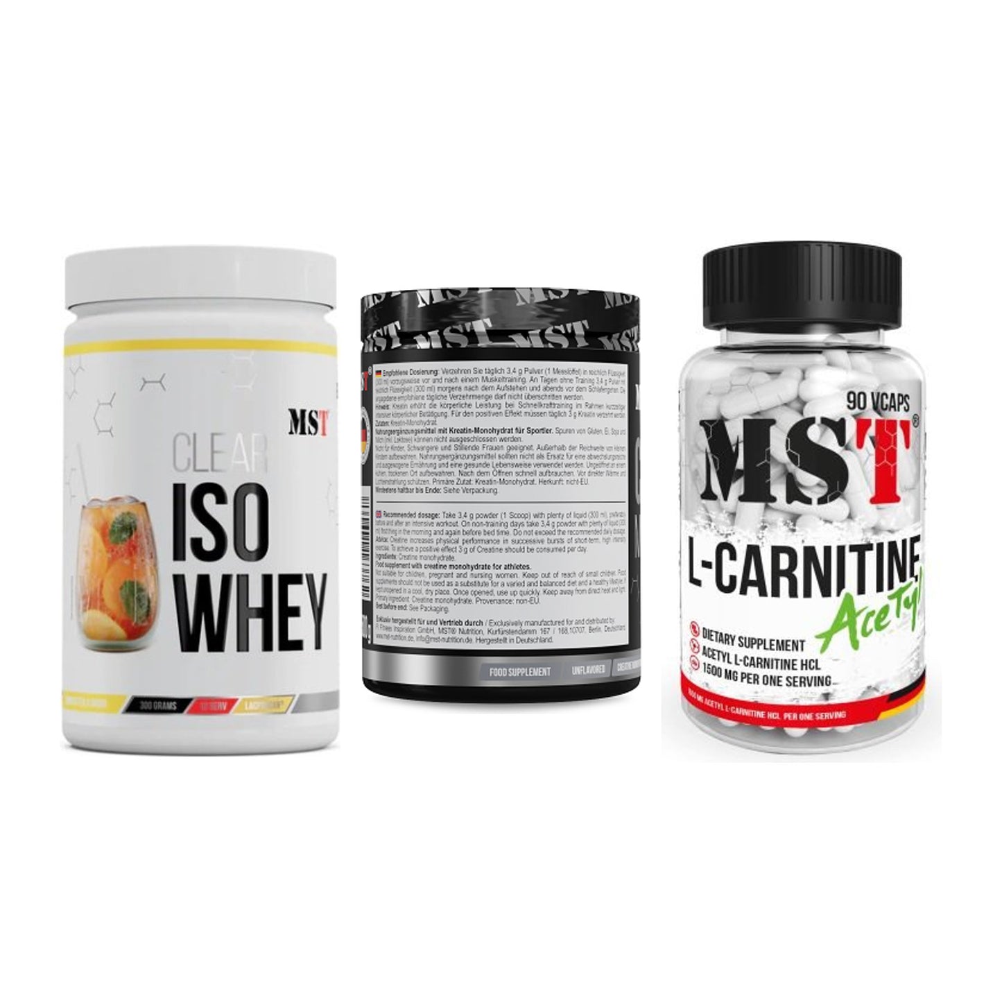 MST Marken-Trio: Iso Clear + Creatin Monohydrate + L-Carnitine Acetyle – alle enthaltenen Artikel