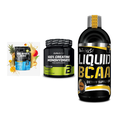 BioTech USA Marken-Trio: Iso Whey Zero + Creatine + Liquid BCAA – alle enthaltenen Artikel