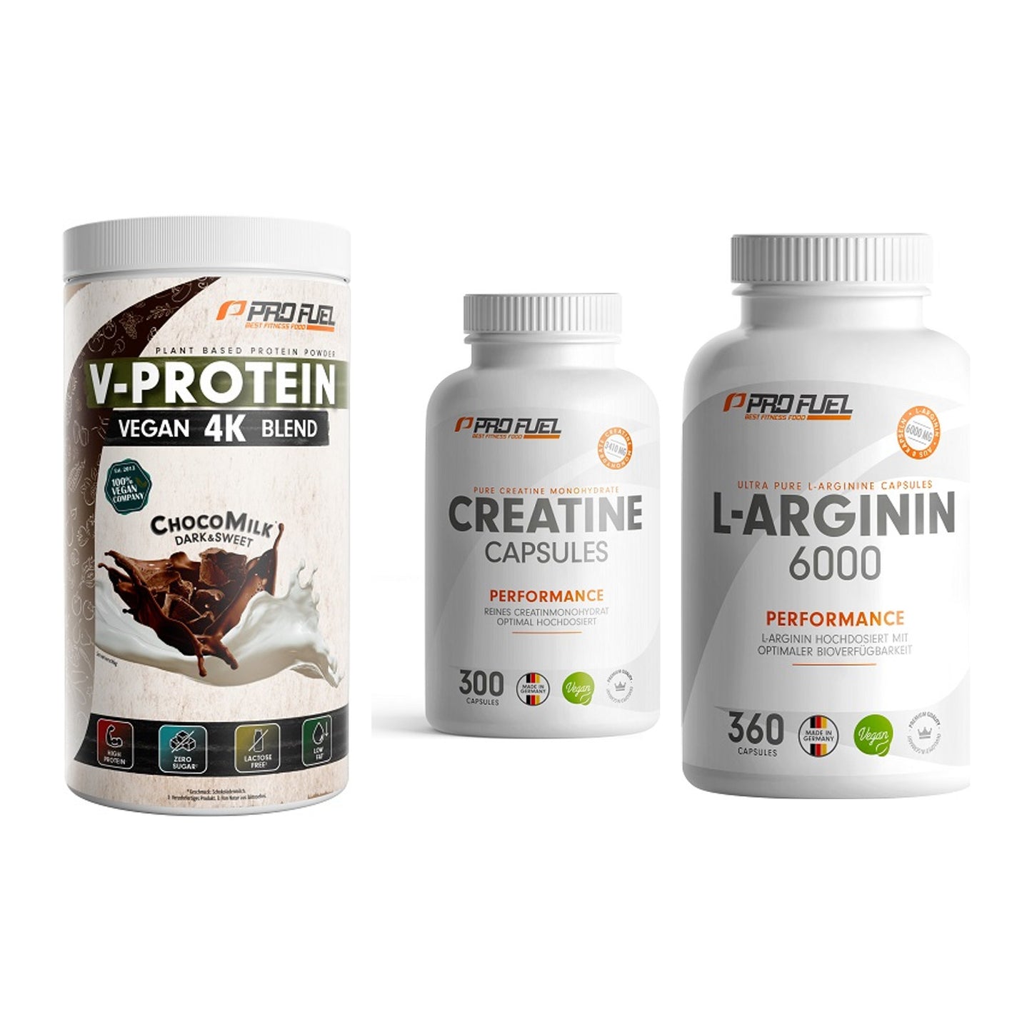 ProFuel Marken-Trio: V-PROTEIN + Creatine + L-Arginin 6000 – alle enthaltenen Artikel