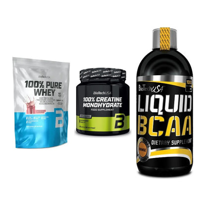 BioTech USA Marken-Trio: 100% Pure + Creatine + Liquid BCAA – alle enthaltenen Artikel