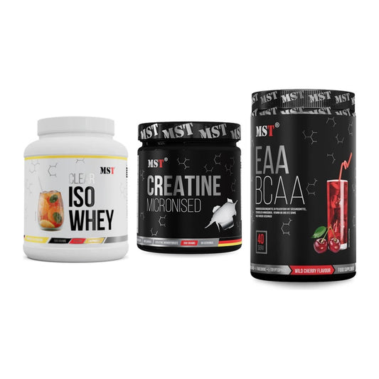 MST Marken-Trio: Iso Clear + Creatin Monohydrate + EAA & BCAA – alle enthaltenen Artikel