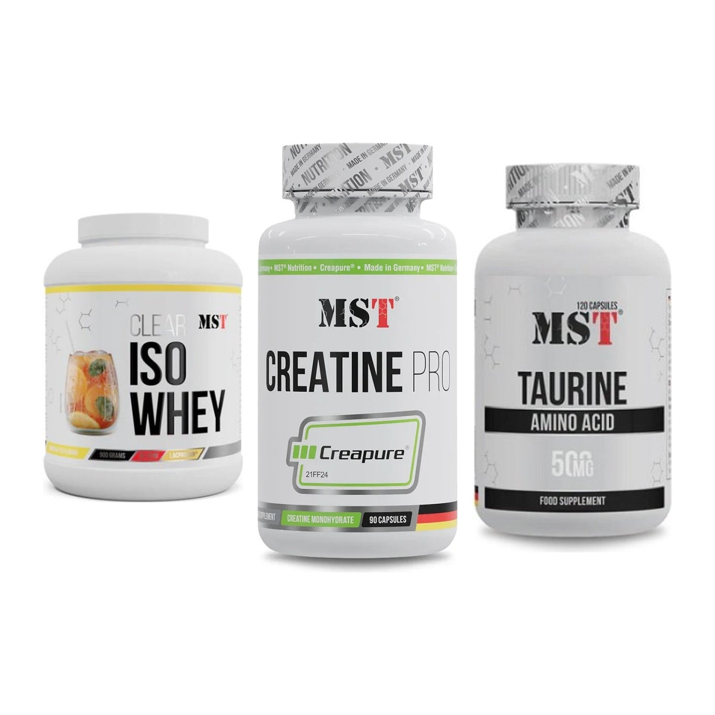 MST Marken-Trio: Iso Clear 900g + Creatine Pro + Taurine – alle enthaltenen Artikel