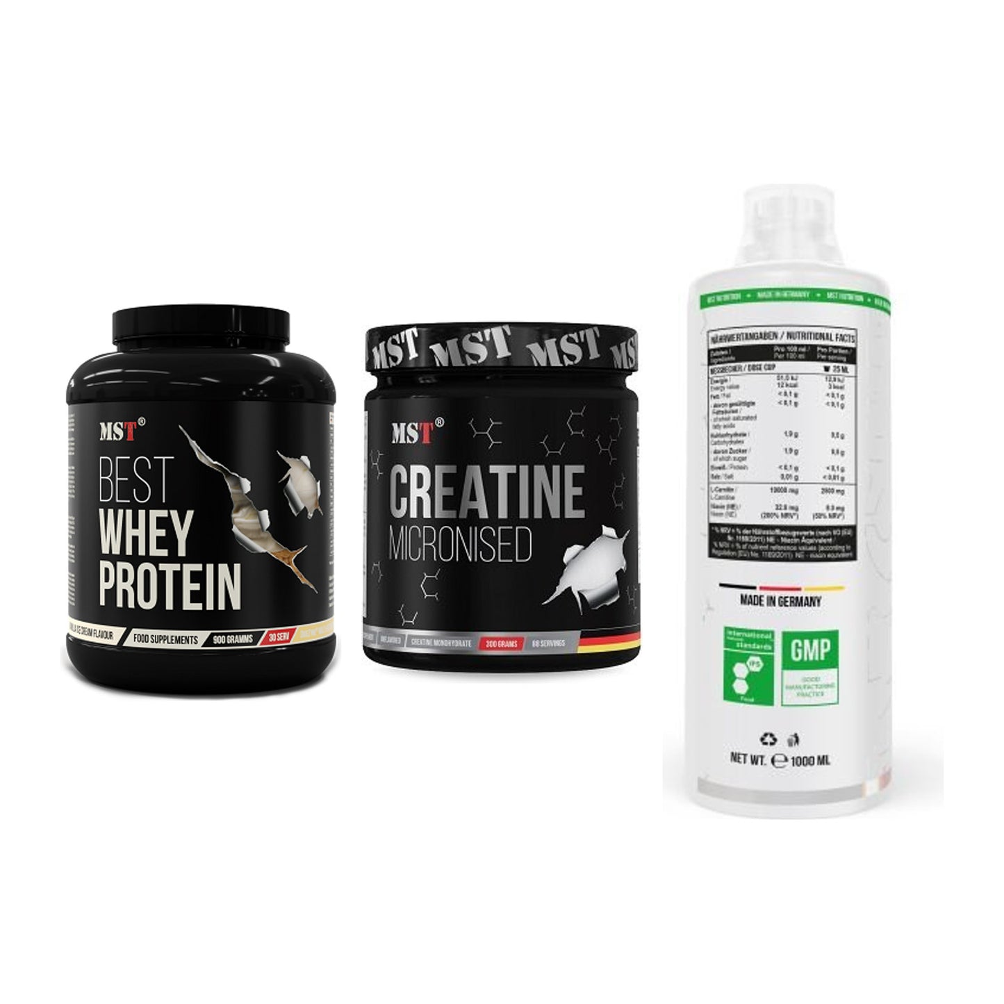 MST Marken-Trio: Best Whey + Creatin Monohyd + L-Carnitine – alle enthaltenen Artikel