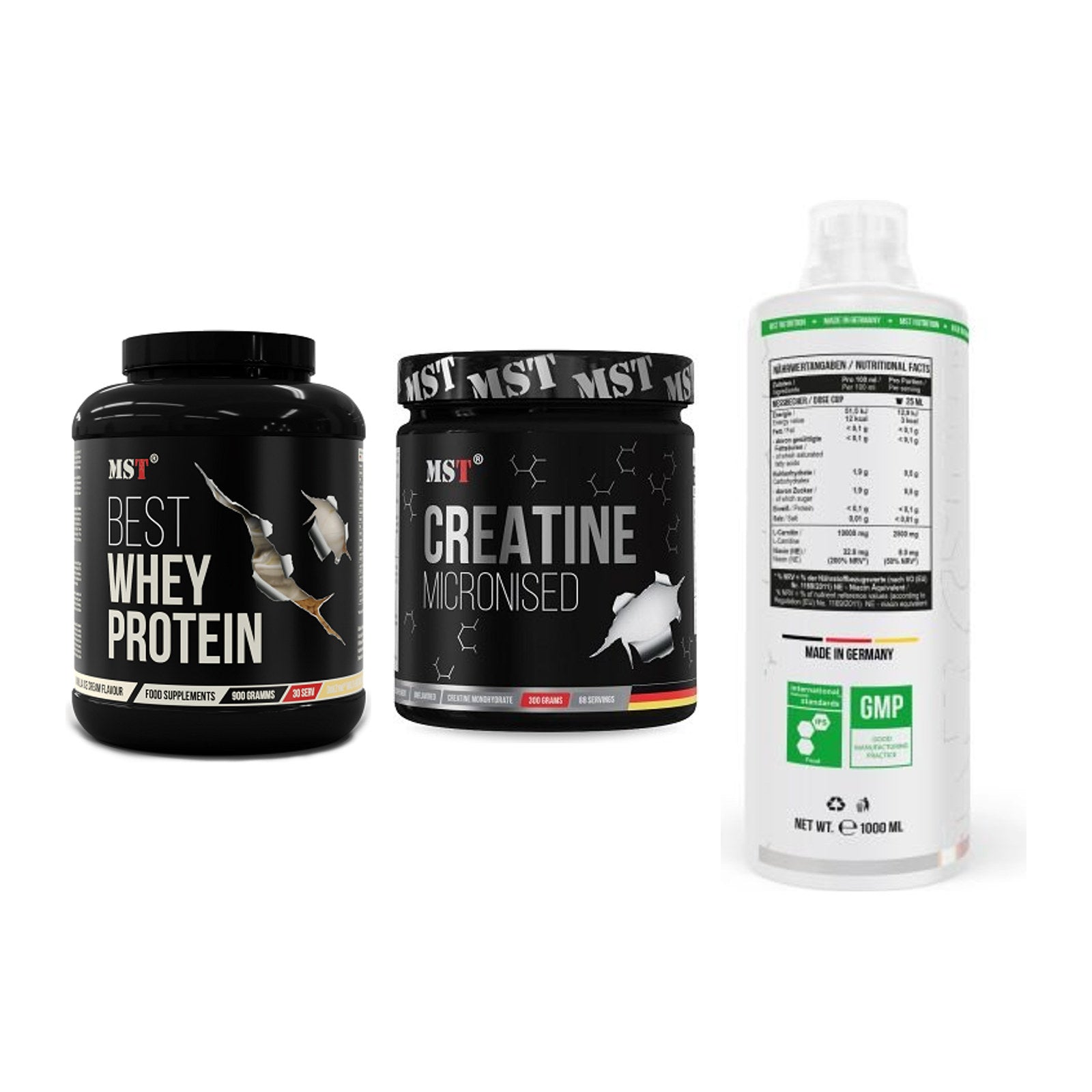 MST Marken-Trio: Best Whey + Creatin Monohyd + L-Carnitine – alle enthaltenen Artikel