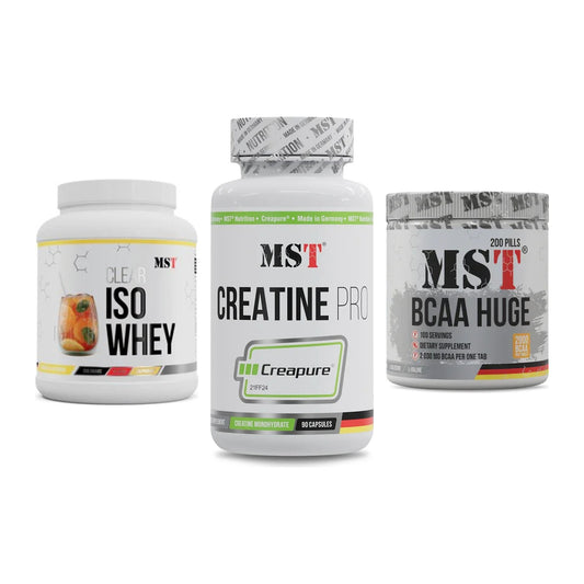Трио на марката MST: Iso Clear + Creatine Pro + BCAA Huge 200 - всички включени артикули