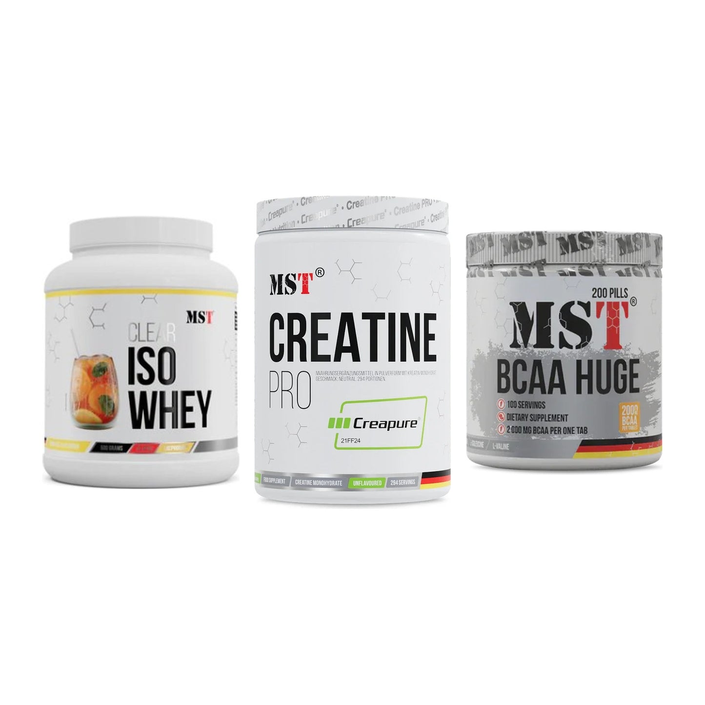 MST Marken-Trio: Iso Clear + Creatin Pro + BCAA Huge 200 – alle enthaltenen Artikel