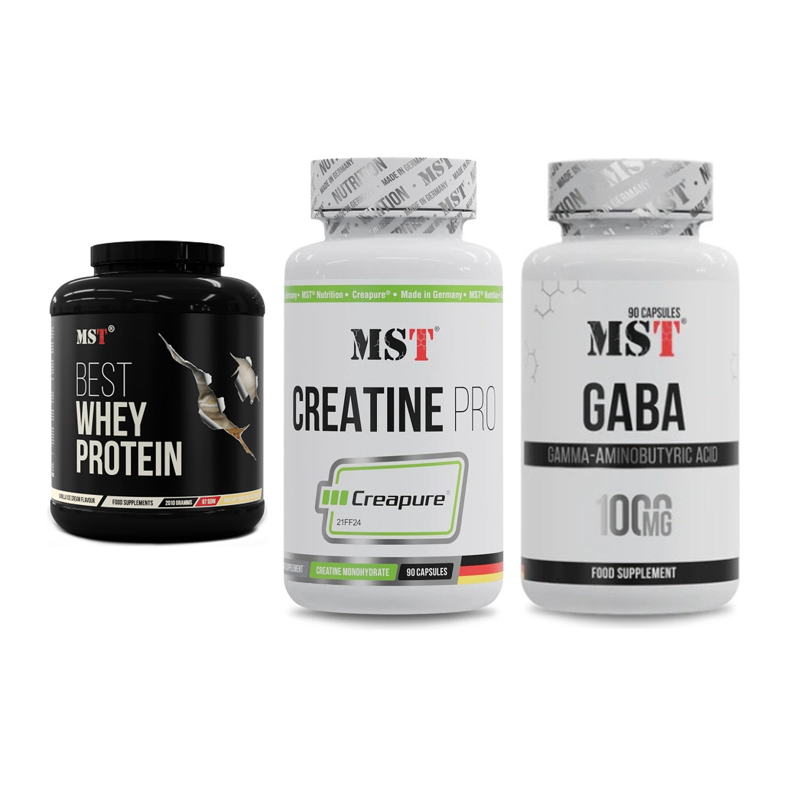 MST Marken-Trio: Best Whey + Creatine Pro + GABA 1000mg – alle enthaltenen Artikel