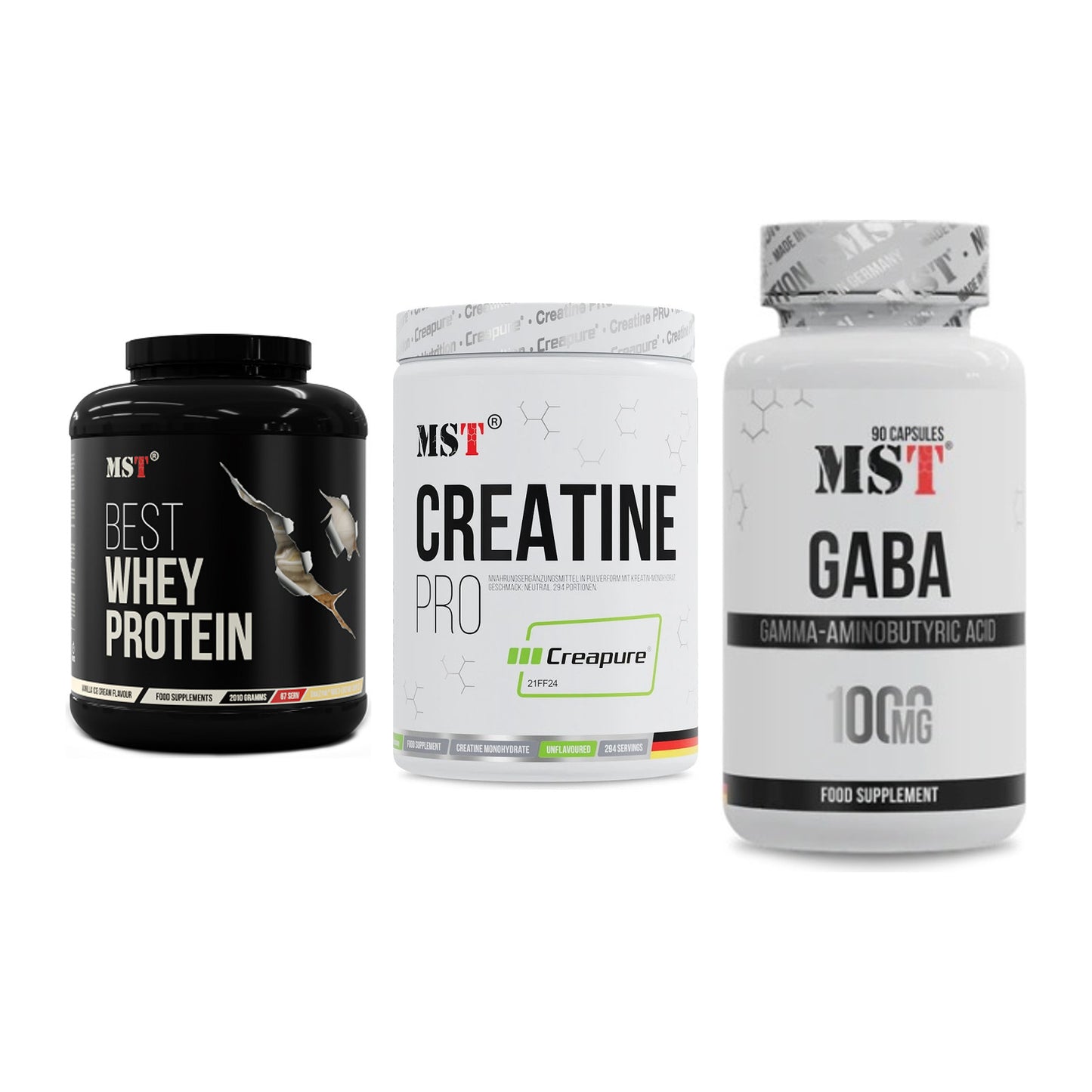 MST Marken-Trio: Best Whey + Creatin Pro + GABA 1000mg – alle enthaltenen Artikel