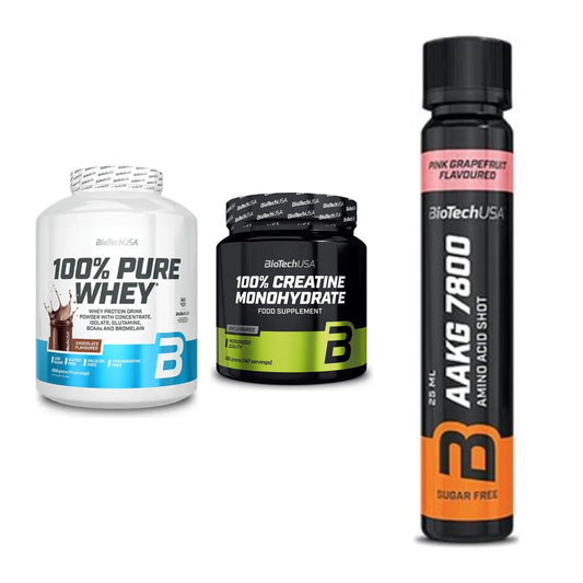 BioTech USA Marken-Trio: 100% Pure + Creatine + AAKG 7800 20 – alle enthaltenen Artikel