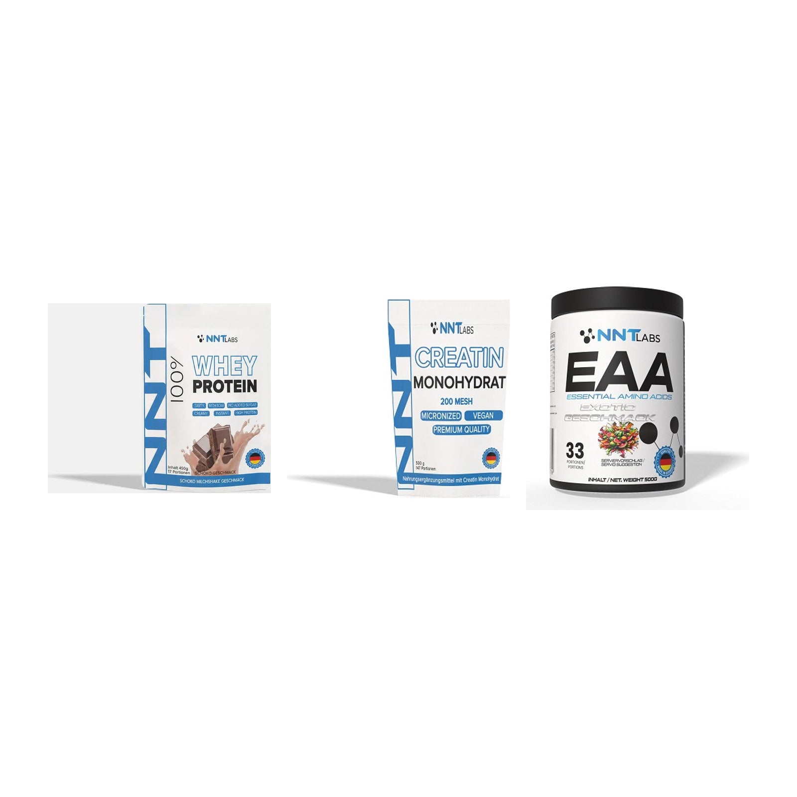 NNT Labs Marken-Trio: Whey + Creatin Monohydrat + EAA – alle enthaltenen Artikel