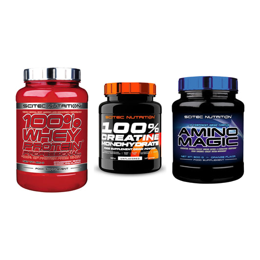 Scitec Nutrition Marken-Trio: 100% Whey + Creatine + 1 weitere – alle enthaltenen Artikel