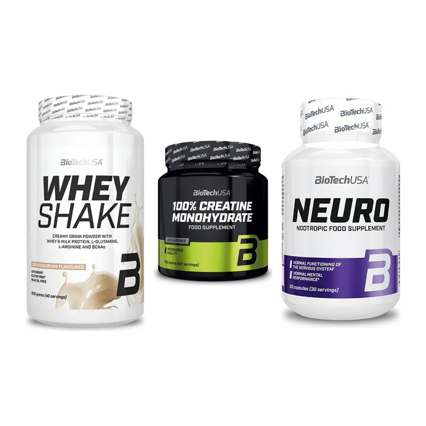 BioTech USA Marken-Trio: Whey Shake + Creatine + Neuro – alle enthaltenen Artikel