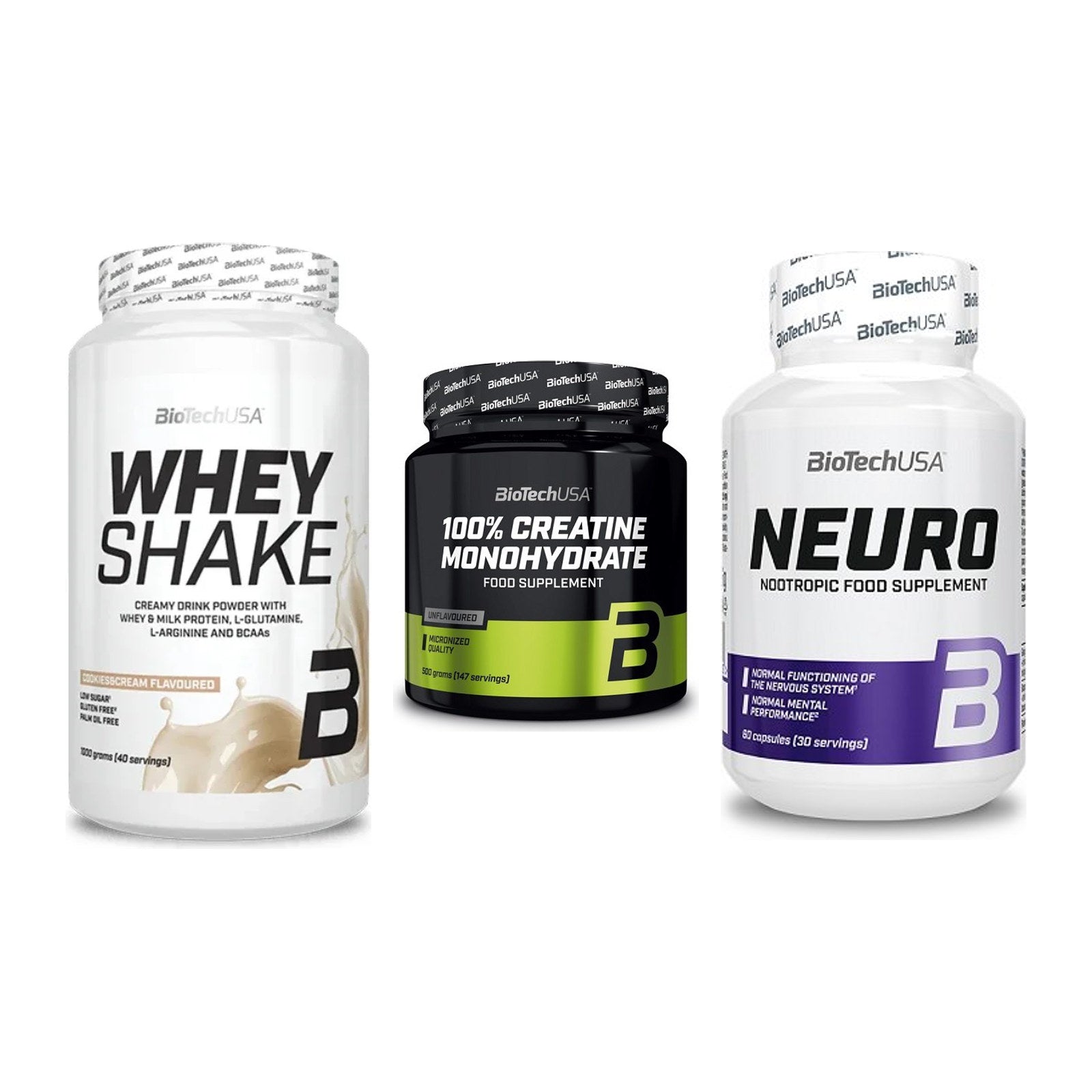 BioTech USA Marken-Trio: Whey Shake + Creatine + Neuro – alle enthaltenen Artikel