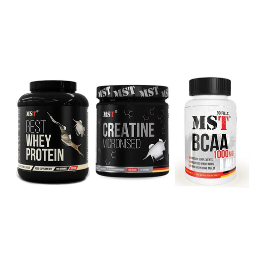 MST Marken-Trio: Best Whey + Creatin Monohyd + BCAA 1000 (90 – alle enthaltenen Artikel