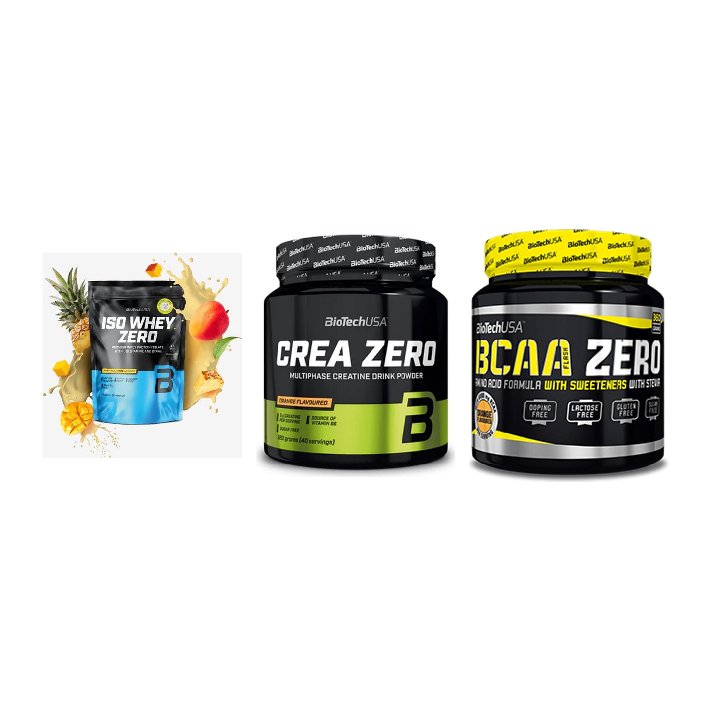BioTech USA Marken-Trio: Iso Whey Zero + Crea Zero + BCAA Zero – alle enthaltenen Artikel