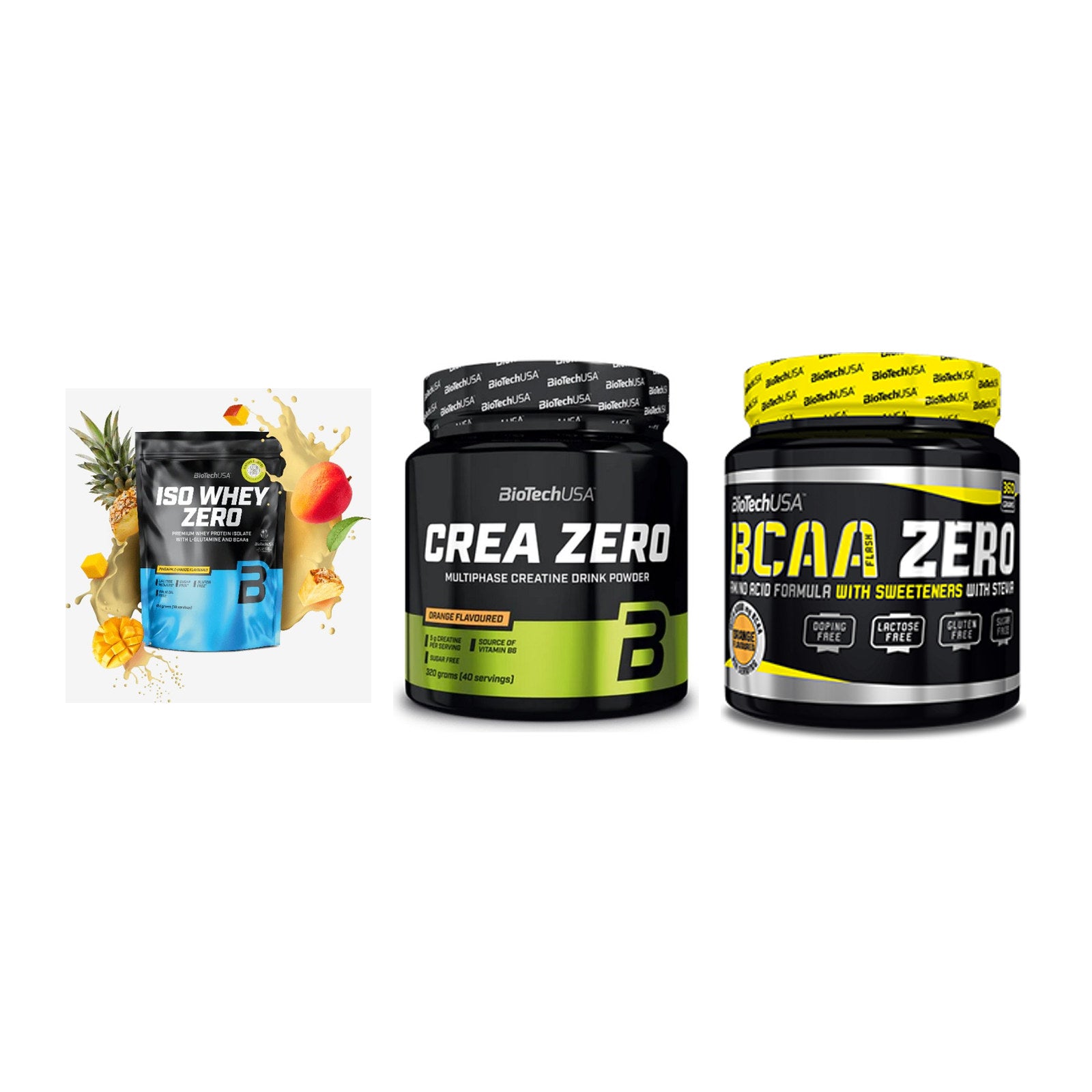 BioTech USA Marken-Trio: Iso Whey Zero + Crea Zero + BCAA Zero – alle enthaltenen Artikel