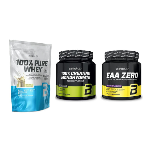 BioTech USA Marken-Trio: 100% Pure + Creatine + EAA Zero 350g – alle enthaltenen Artikel