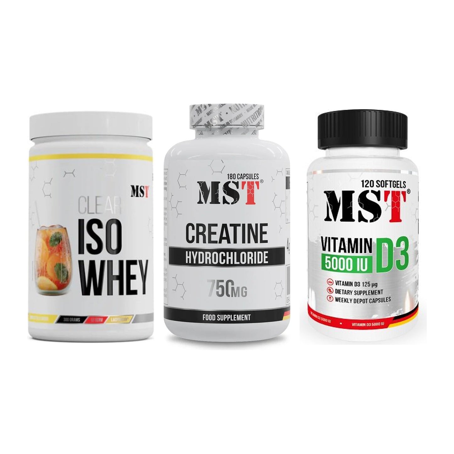 MST Marken-Trio: Iso Clear + Creatine HCL + Vitamin D3 – alle enthaltenen Artikel