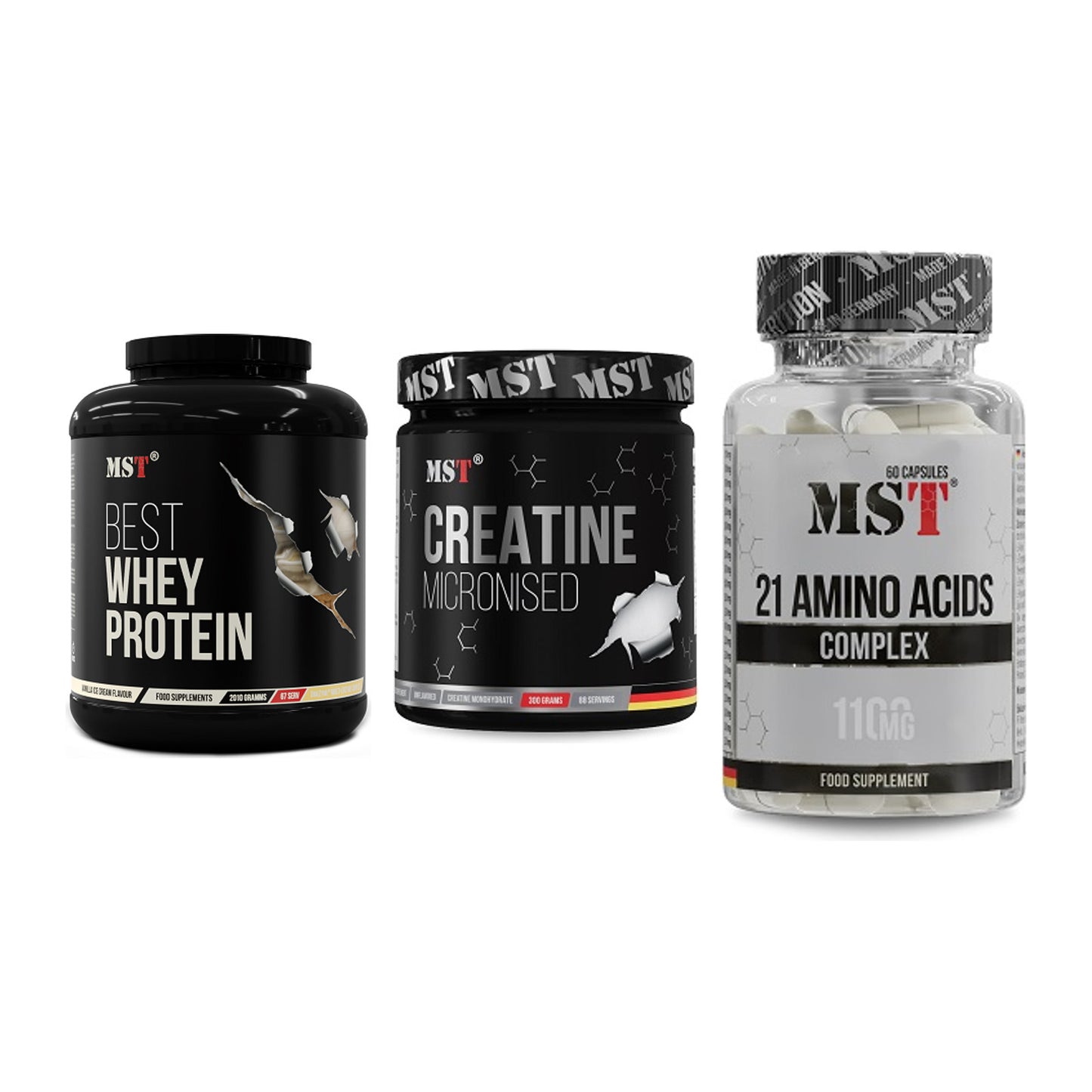 MST Marken-Trio: Best Whey + Creatin Monohyd + 21 Amino Acids – alle enthaltenen Artikel