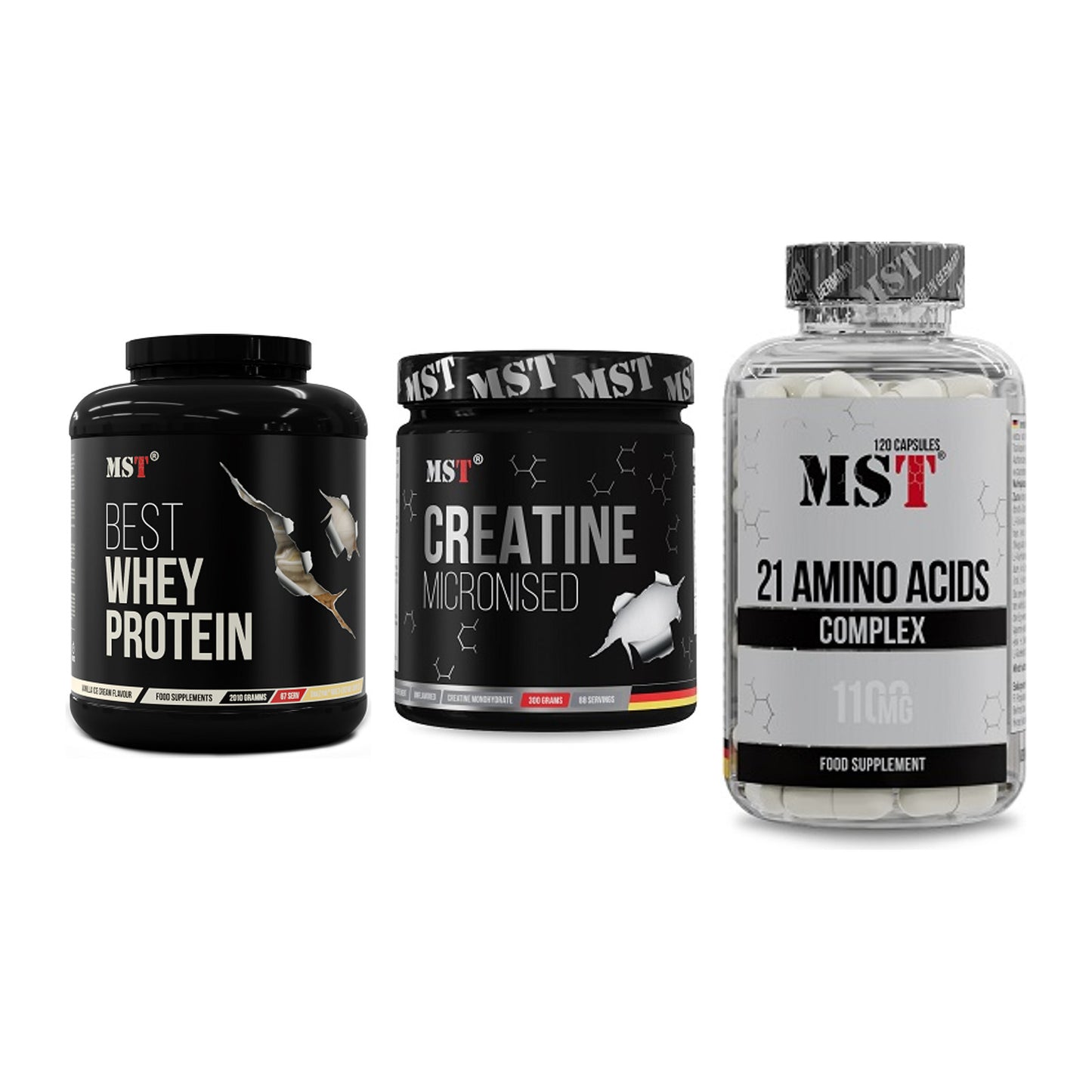 MST Marken-Trio: Best Whey + Creatin Monohyd + 21 Amino Acids – alle enthaltenen Artikel