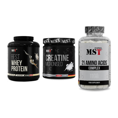 MST Marken-Trio: Best Whey + Creatin Monohyd + 21 Amino Acids – alle enthaltenen Artikel