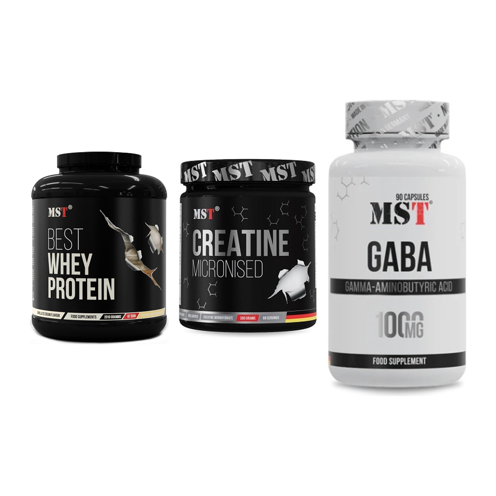 MST Marken-Trio: Best Whey Protein + Creatin Monohydrate + GABA 1000mg – alle enthaltenen Artikel