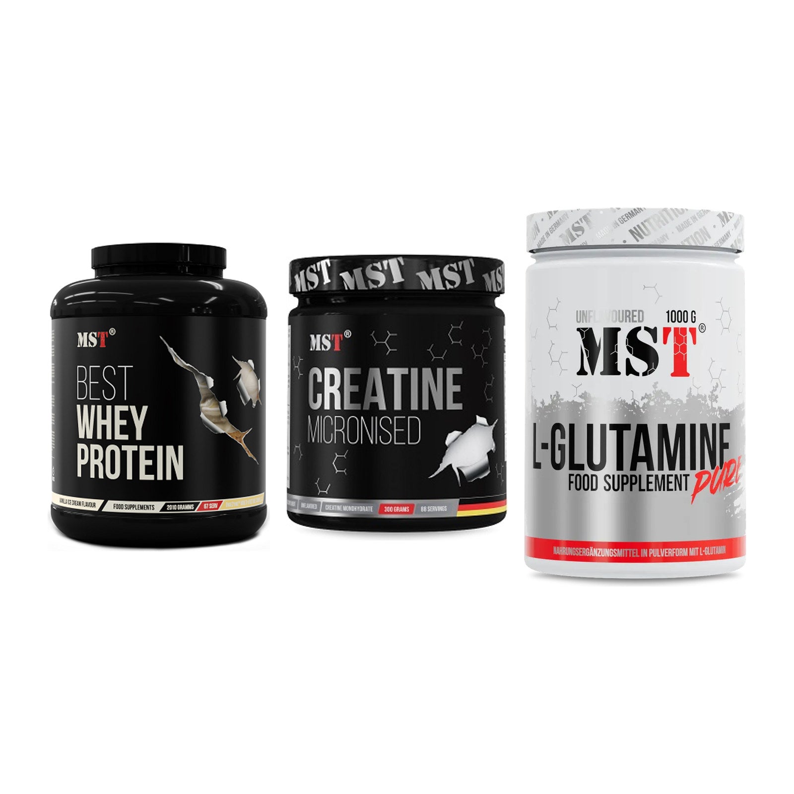 MST Marken-Trio: Best Whey Protein + Creatin Monohydrate + Glutamine – alle enthaltenen Artikel