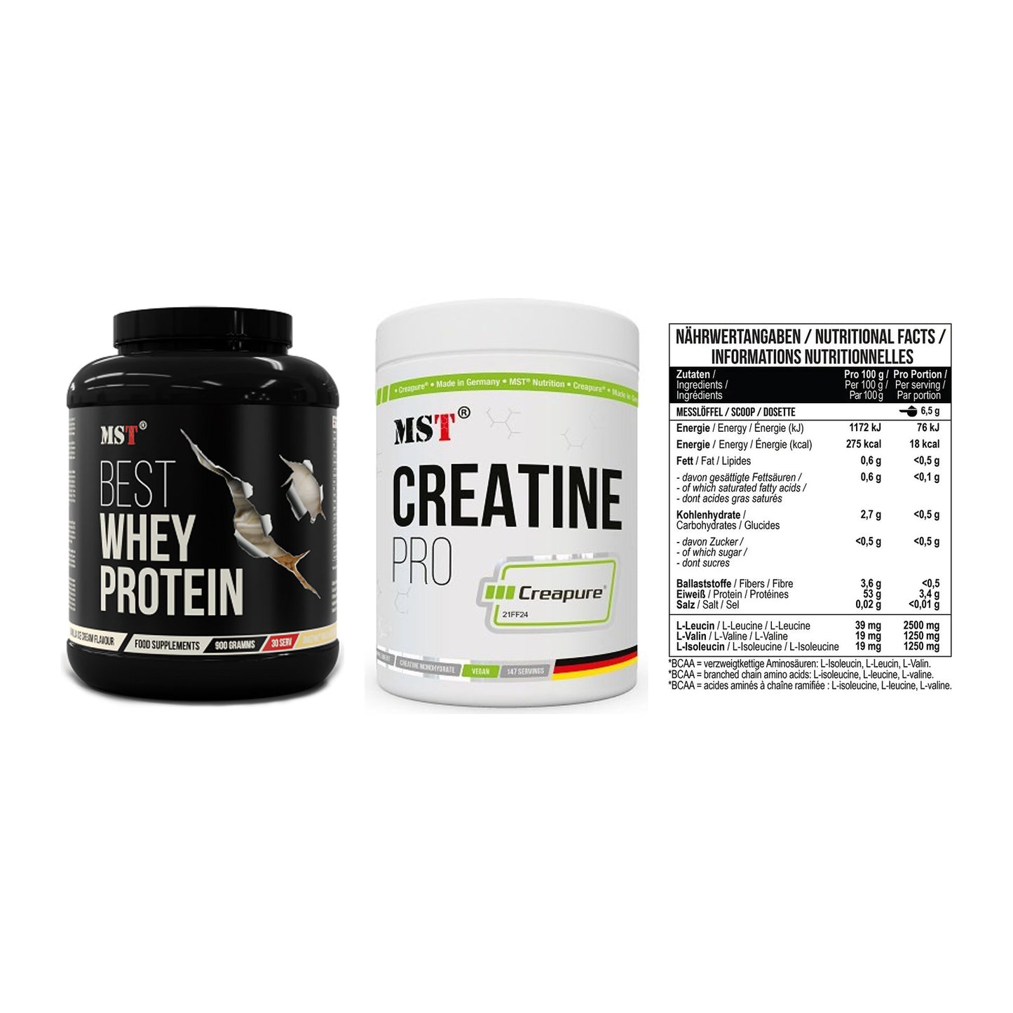 MST Marken-Trio: Best Whey Protein + Creatin Pro CREAPURE + BCAA Zero – alle enthaltenen Artikel