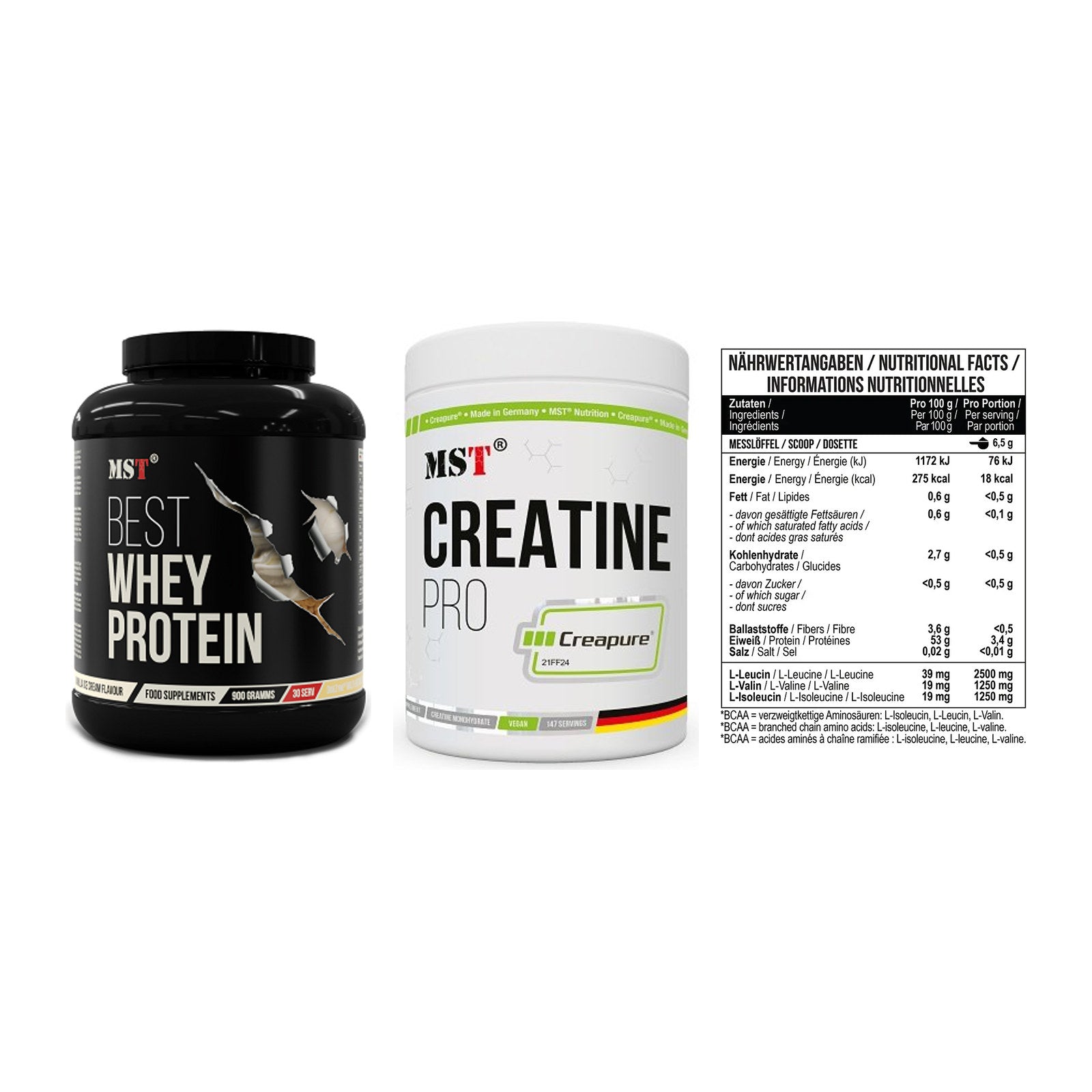 MST Marken-Trio: Best Whey Protein + Creatin Pro CREAPURE + BCAA Zero – alle enthaltenen Artikel
