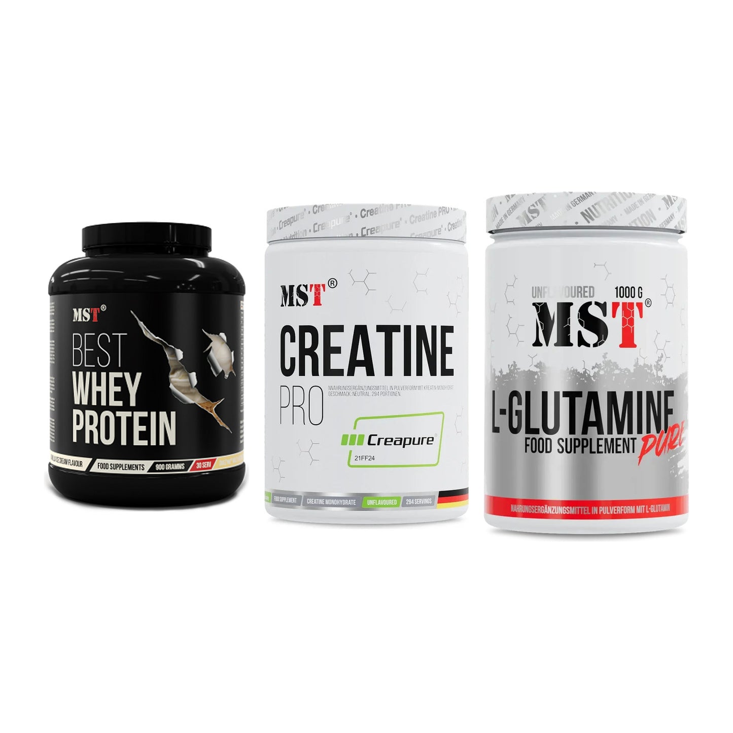 MST Marken-Trio: Best Whey Protein + Creatin Pro CREAPURE + Glutamine – alle enthaltenen Artikel