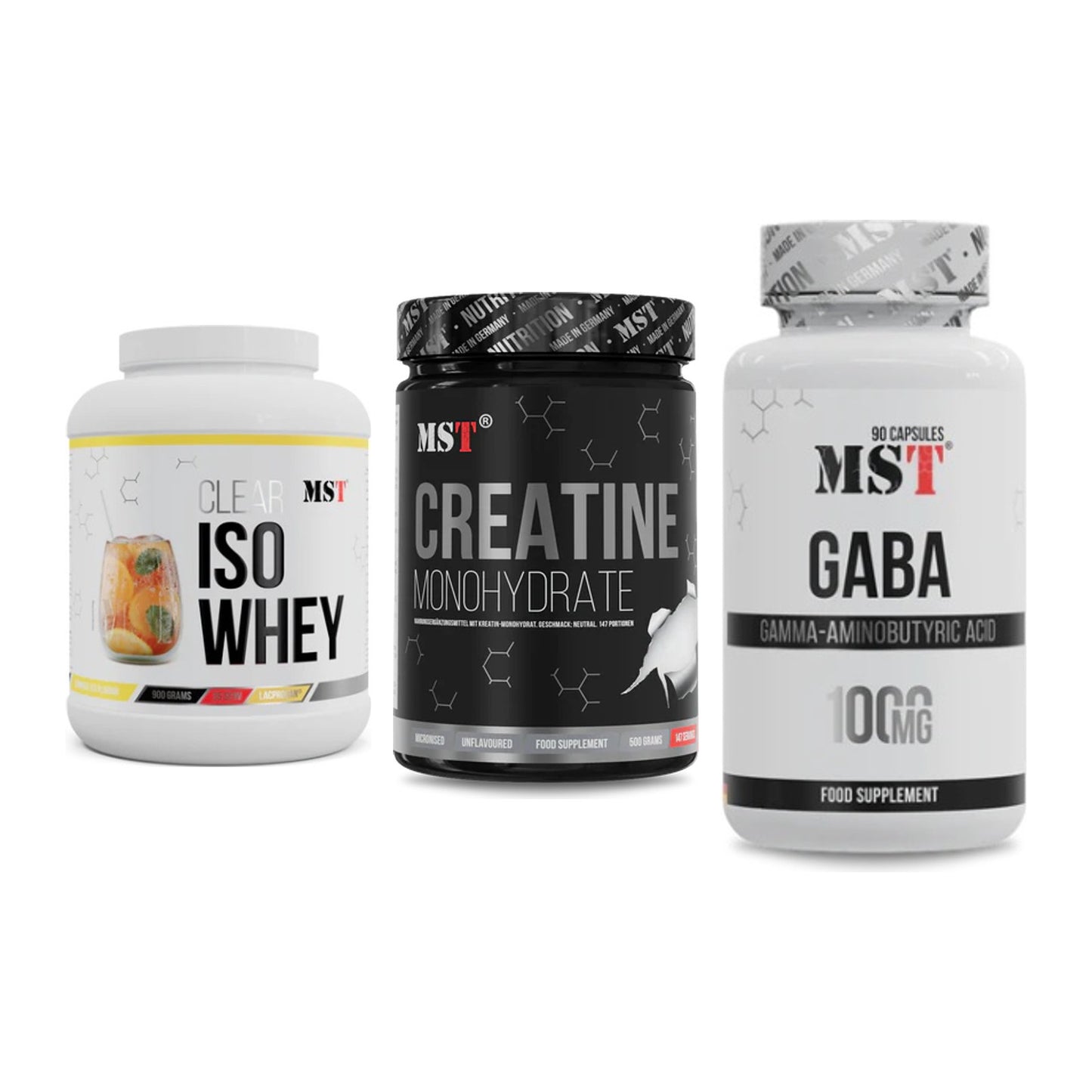 MST Marken-Trio: Iso Clear + Creatin Monohydrate + GABA 1000mg – alle enthaltenen Artikel