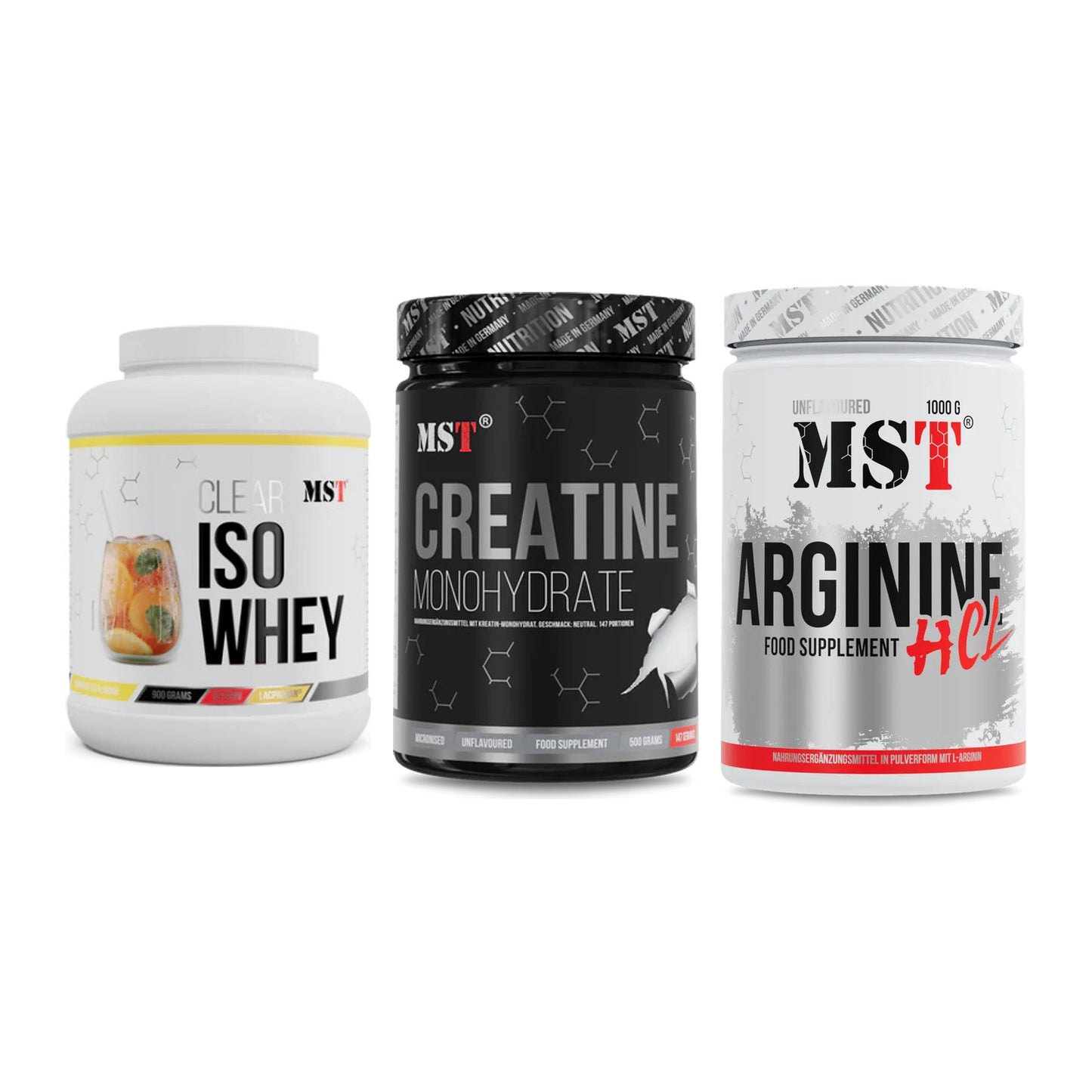 MST Marken-Trio: Iso Clear + Creatin Monohydrate + Arginine HCL – alle enthaltenen Artikel