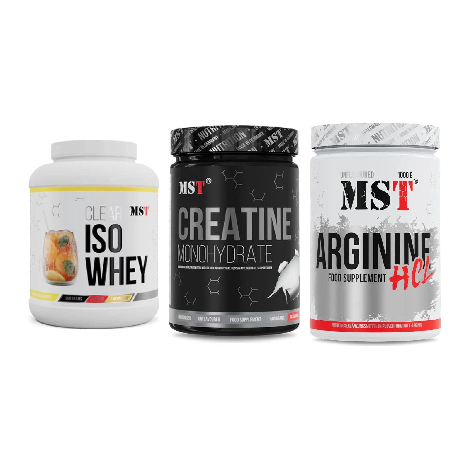 MST Marken-Trio: Iso Clear + Creatin Monohydrate + Arginine HCL – alle enthaltenen Artikel