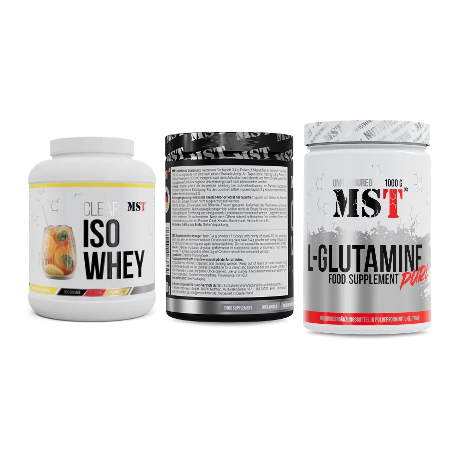 MST Marken-Trio: Iso Clear 900g + Creatin Monohyd + Glutamine – alle enthaltenen Artikel