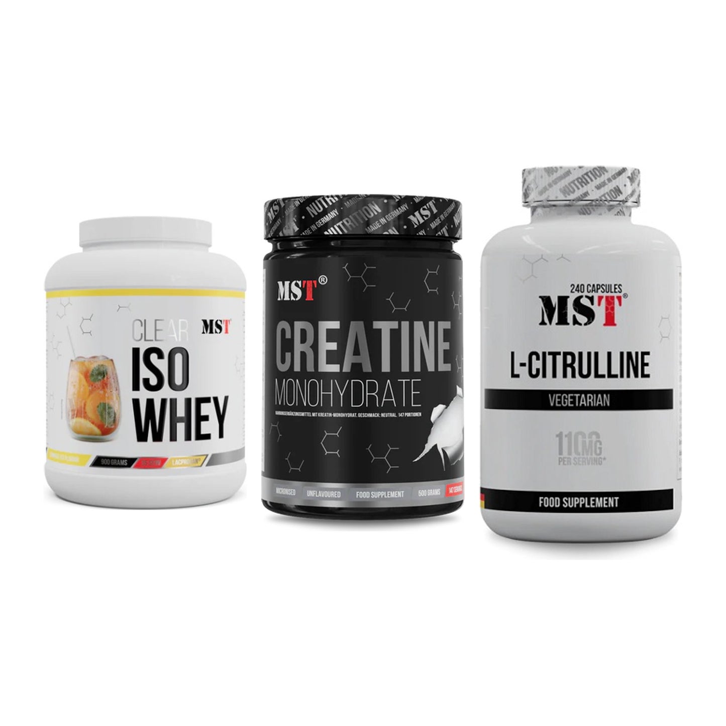 MST Marken-Trio: Iso Clear + Creatin Monohydrate + Citrulline – alle enthaltenen Artikel