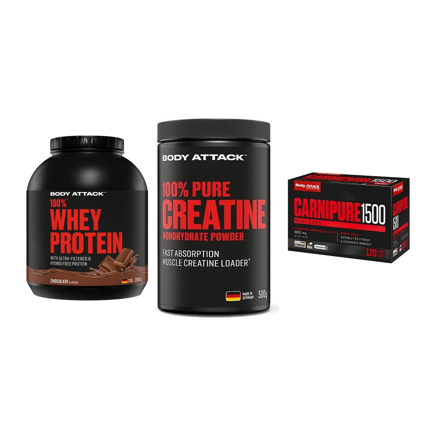 Body Attack Marken-Trio: Attack 100% Whey Protein + 2 weitere – alle enthaltenen Artikel