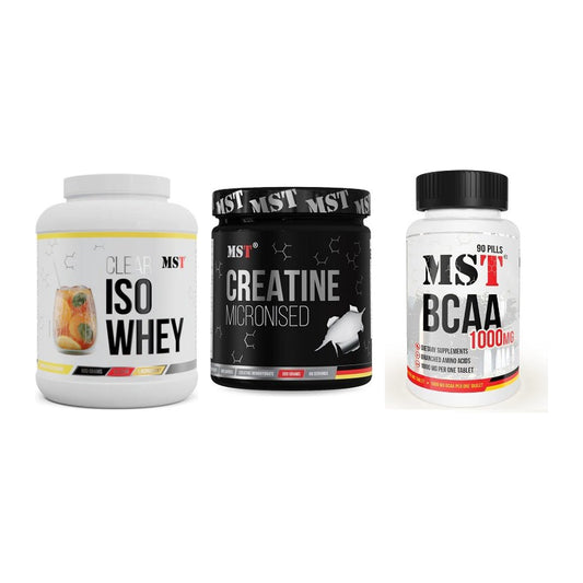 MST Marken-Trio: Iso Clear 900g + Creatin Monohyd + BCAA 1000 (90 – alle enthaltenen Artikel
