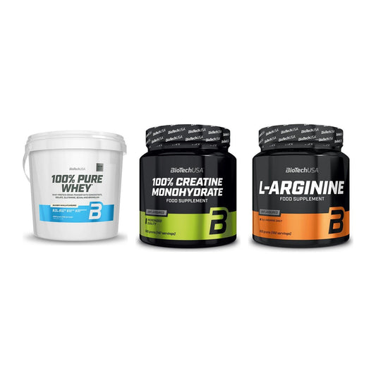 BioTech USA Marken-Trio: 100% Pure + Creatine + L-Arginin – alle enthaltenen Artikel